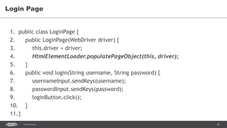 45CONFIDENTIAL
Login Page
1. public class LoginPage {
2. public LoginPage(WebDriver driver) {
3. this.driver = driver;
4. HtmlElementLoader.populatePageObject(this, driver);
5. }
6. public void login(String username, String password) {
7. usernameInput.sendKeys(username);
8. passwordInput.sendKeys(password);
9. loginButton.click();
10. }
11.}
 