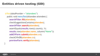 79CONFIDENTIAL
Entities driven testing (GDI)
@Test(dataProvider = “attendees”)
public void menuTest(Attendee attendee) {
searchFilter.fill(attendee);
checkSuggestionsContains(attendee);
searchFilter.search(attendee);
assertEquals(results.rows().count(), 1);
results.row(attendee.name, column(“Name”))
addCVForm.submit(attendee.cv);
checkCVInDB(attendee.cv);
previewForm.verify(attendee);
}
 