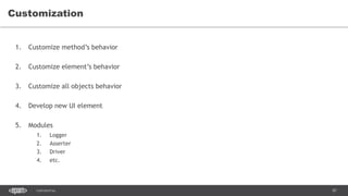 87CONFIDENTIAL
Customization
1. Customize method’s behavior
2. Customize element’s behavior
3. Customize all objects behavior
4. Develop new UI element
5. Modules
1. Logger
2. Asserter
3. Driver
4. etc.
 