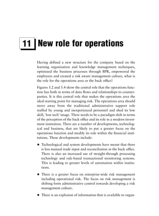 11 New role for operations
   Having deﬁned a new structure for the company based on the
   learning organization and knowledge management techniques,
   optimized the business processes through BPR, empowered the
   employees and created a risk aware management culture, what is
   the role for the operations area or the back ofﬁce?
   Figures 5.2 and 5.4 show the central role that the operations func-
   tion has both in terms of data ﬂows and relationships to counter-
   parties. It is this central role that makes the operations area the
   ideal starting point for managing risk. The operations area should
   move away from the traditional administrative support role
   staffed by young and inexperienced personnel and shed its low
   skill, ‘low tech’ image. There needs to be a paradigm shift in terms
   of the perception of the back ofﬁce and its role in a modern invest-
   ment institution. There are a number of developments, technolog-
   ical and business, that are likely to put a greater focus on the
   operations function and modify its role within the ﬁnancial insti-
   tutions. These developments include:

   •   Technological and system developments have meant that there
       is less manual trade input and reconciliation in the back ofﬁce.
       There is also an increased use of straight-through processing
       technology and rule-based transactional monitoring systems.
       This is leading to greater levels of automation within institu-
       tions.

   •   There is a greater focus on enterprise-wide risk management
       including operational risk. The focus on risk management is
       shifting form administrative control towards developing a risk
       management culture.

   •   There is an explosion of information that is available to organ-
 