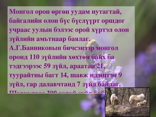 Монгол орон өргөн уудам нутагтай, байгалийн олон бүс бүслүүрт оршдог учраас уулын бэлээс орой хүртэл олон зүйлийн амьтнаар баялаг. А.Г.Банниковын бичсэнээр монгол оронд 110 зүйлийн хөхтөн байх ба тэдгээрээс 59 зүйл, араатан 21, туурайтны багт 14, шавж идэштэн 9 зүйл, гар далавчтанд 7 зүйл байдаг. Шувуудаас 300 гаруй зүйл байна. 