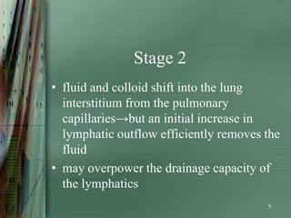 Stage 2
• fluid and colloid shift into the lung
  interstitium from the pulmonary
  capillaries→but an initial increase in
  lymphatic outflow efficiently removes the
  fluid
• may overpower the drainage capacity of
  the lymphatics
                                        9
 