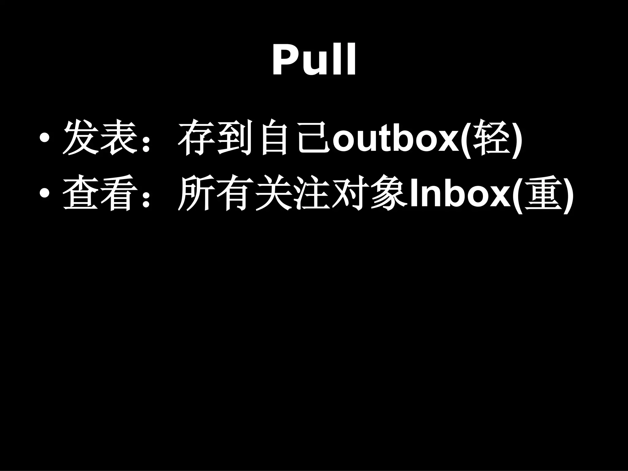 Pull
• 发表：存到自己outbox(轻)
• 查看：所有关注对象Inbox(重)
 
