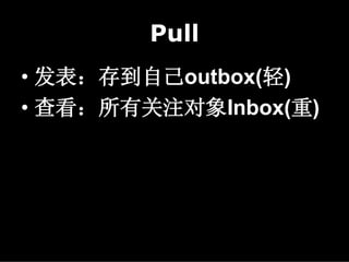 Pull
• 发表：存到自己outbox(轻)
• 查看：所有关注对象Inbox(重)
 