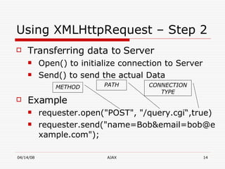 Using XMLHttpRequest – Step 2 Transferring data to Server Open() to initialize connection to Server Send() to send the actual Data Example requester.open("POST", "/query.cgi“,true) requester.send("name=Bob&email=bob@example.com"); METHOD PATH CONNECTION TYPE 