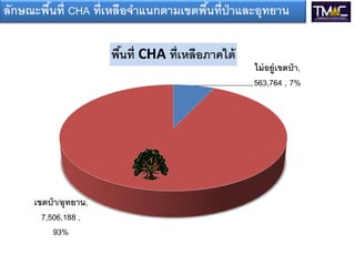 ลักษณะพืนที่ CHA ที่เหลือจาแนกตามเขตพืนที่ป่าและอุทยาน
        ้                             ้

                       พืนที่ CHA ที่เหลือภาคใต้
                         ้
                                                   ไม่ อยู่เขตป่ า,
                                                   563,764 , 7%




     เขตป่ า/อุทยาน,
       7,506,188 ,
           93%
 