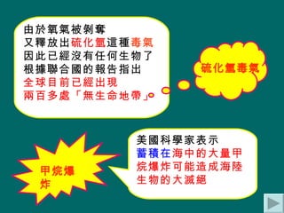 由於氧氣被剝奪 又釋放出 硫化氫 這種 毒氣 因此已經沒有任何生物了 根據聯合國的報告指出 全球目前已經出現 兩百多處「無生命地帶」 美國科學家表示 蓄積在 海中的大量甲烷爆炸可能造成海陸生物的大滅絕 甲烷爆炸 硫化氫毒氣 