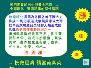 愈來愈貴的民生消費全來自…… 全球暖化  資源耗盡的惡性循環   地球暖化 是因為各國各地不斷大力排放 二氧化碳 造成氣候異常或大雨乾旱造成農產品欠收對人類造成的危機 也是物價膨脹原因之一 澳洲乾旱造成牧草不足，乳牛要提前宰殺，造成牛奶漲價，氣候異常，農作物生產有限，咖啡、可可豆、小麥、稻米… 通 通 漲！ ~ 挽救經濟 請當茹素英雄 漲 漲 漲 