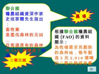 聯合國 糧農組織資深作家 史坦菲爾先生指出： 畜牧業 是濫伐森林的元凶… 亞馬遜原有的森林中 70% 都變成了 牧場 根據 聯合國 糧農組織 (FAO) 的資料顯示 : 為牧場需求而剷除的森林地，每年製造 5 兆 2,910 億噸的二氧化碳排放量 二氧化碳 墓 場 