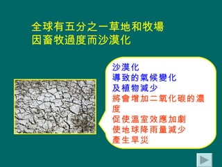 全球有五分之一草地和牧場 因畜牧過度而沙漠化 沙漠化 導致的氣候變化 及植物減少 將會增加二氧化碳的濃度 促使溫室效應加劇 使地球降雨量減少 產生旱災 