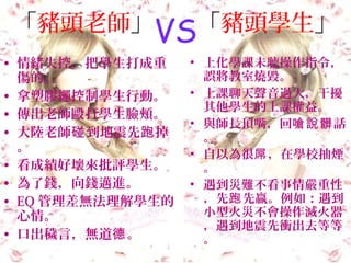 「豬頭老師」
• 情緒失控，把學生打成重
傷的。
• 拿塑膠繩控制學生行動。
• 傳出老師毆打學生臉頰。
• 大陸老師 到地震先 掉碰 跑
。
• 看成績好壞來批評學生。
• 為了錢，向錢邁進。
• EQ 管理差無法理解學生的
心情。
• 口出穢言，無道 。德
• 上化學課未聽操作指令，
誤將教室燒毀。
• 上課聊天聲音過大，干擾
其他學生的上課權益。
• 與師長頂嘴，回 話嗆說髒
。
• 自以為很 ，在學校抽煙屌
。
• 遇到災難不看事情嚴重性
，先 先贏。例如：遇到跑
小型火災不會操作滅火器
，遇到地震先衝出去等等
。
「豬頭學生」VS
 