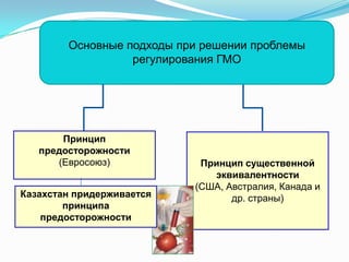 Основные подходы при решении проблемы
                  регулирования ГМО




       Принцип
   предосторожности
      (Евросоюз)            Принцип существенной
                              эквивалентности
                           (США, Австралия, Канада и
Казахстан придерживается          др. страны)
        принципа
    предосторожности
 