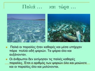 Παλιά … και τώρα …
 Παιηά νη παξαιίεο ήηαλ θαζαξέο θαη κέζα ππήξραλ
πάξα πνιιά εηδή ςαξηώλ. Σα ςάξηα όιν θαη
απμάλνληαλ.
 Οη άλζξσπνη δελ εθηίκεζαλ ηηο παιηέο θαζαξέο
παξαιίεο. Έηζη ν αξηζκόο ησλ ςαξηώλ όιν θαη κεηώλεηε
θαη νη παξαιίεο όιν θαη κνιύλνληαη.
 