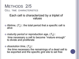 METHODS 2/5
CELL TIME CHARACTERISTICS
Each cell is characterized by a triplet of
values
 lifetime, (TL) : the total period that a specific cell is
alive
 maturity period or reproduction age, (TR) :
time necessary a cell to become “mature enough”
to divide and proliferate
 dissolution time, (TD) :
the time necessary the remainings of a dead cell to
be exported and the specific grid site to set free
 