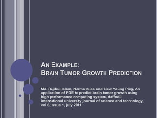 AN EXAMPLE:
BRAIN TUMOR GROWTH PREDICTION
Md. Rajibul Islam, Norma Alias and Siew Young Ping, An
application of PDE to predict brain tumor growth using
high performance computing system, daffodil
international university journal of science and technology,
vol 6, issue 1, july 2011
 