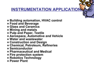 INSTRUMENTATION APPLICATIONS
♦ Building automation, HVAC control
♦ Fire protection system
♦ Construction and Design
♦ Food and Beverage
♦ Glass and Ceramics
♦ Mining and metals
♦ Chemical, Petroleum, Refineries
♦ Pharmaceutical and Medical
♦ Pulp and Paper, Textile
♦ Water and wastewater
♦ Power Plant
♦ Semiconductor
♦ Robotics Technology
♦ Aerospace, Automotive and Vehicle
 
