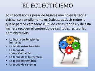 EL ECLECTICISMO
• La Teoría de Relaciones
humanas
• La teoría estructuralista
• La teoría del
comportamiento
• La teoría de la burocracia
• La teoría matemática
• La teoría de sistemas
Los neoclásicos a pesar de basarse mucho en la teoría
clásica, son ampliamente eclécticos, es decir reúne lo
que le parece verdadero y útil de varias teorías, y de esta
manera recogen el contenido de casi todas las teorías
administrativas :
 