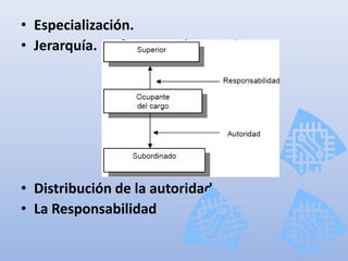• Especialización.
• Jerarquía.
• Distribución de la autoridad
• La Responsabilidad
 
