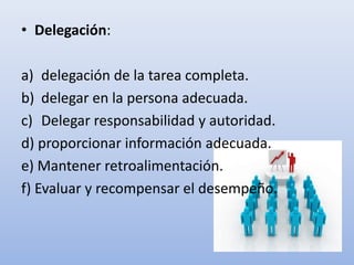 • Delegación:
a) delegación de la tarea completa.
b) delegar en la persona adecuada.
c) Delegar responsabilidad y autoridad.
d) proporcionar información adecuada.
e) Mantener retroalimentación.
f) Evaluar y recompensar el desempeño.
 