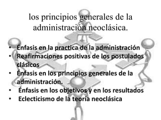 los principios generales de la
administración neoclásica.
• Énfasis en la practica de la administración
• Reafirmaciones positivas de los postulados
clásicos
• Énfasis en los principios generales de la
administración.
• Énfasis en los objetivos y en los resultados
• Eclecticismo de la teoría neoclásica
 