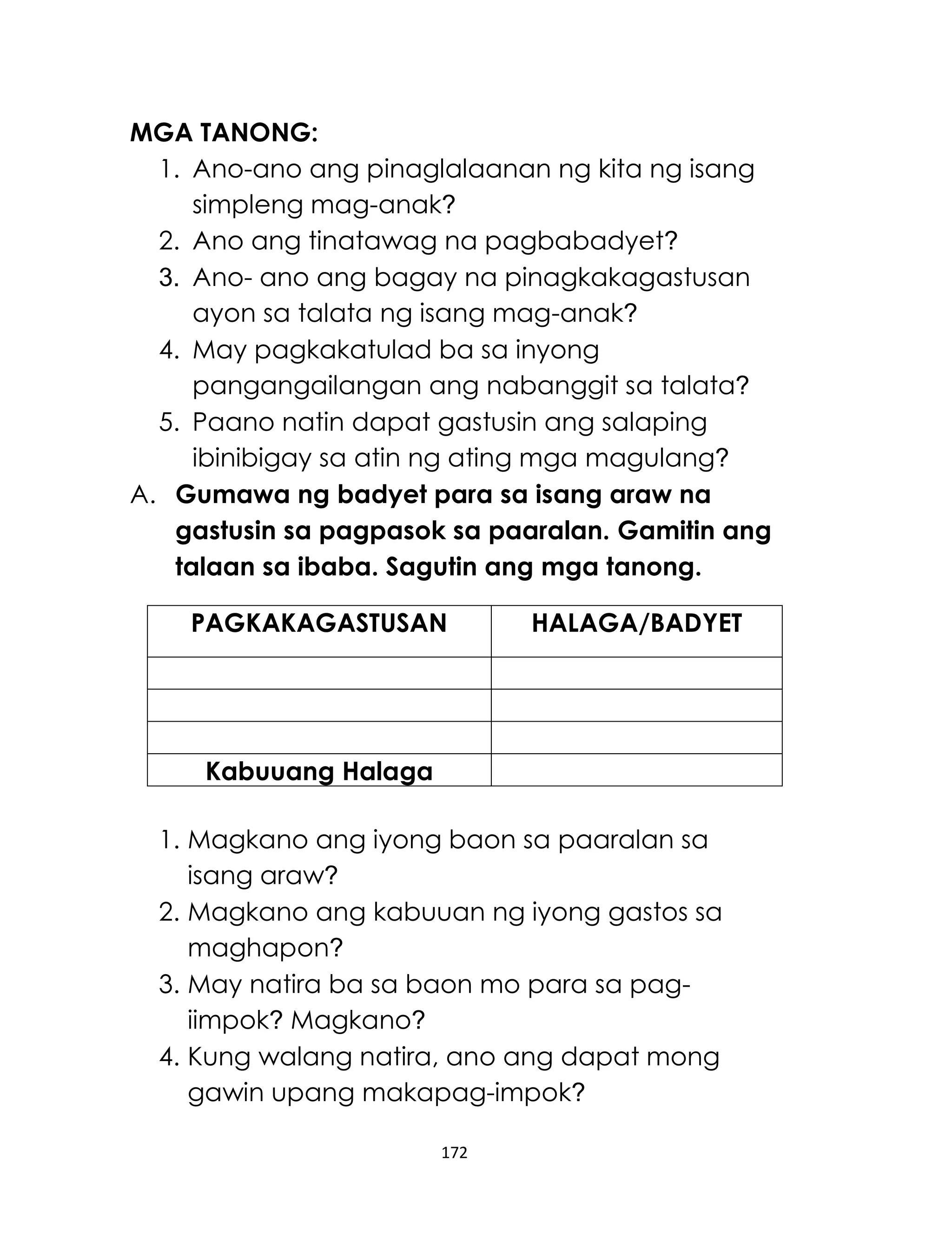 172
MGA TANONG:
1. Ano-ano ang pinaglalaanan ng kita ng isang
simpleng mag-anak?
2. Ano ang tinatawag na pagbabadyet?
3. Ano- ano ang bagay na pinagkakagastusan
ayon sa talata ng isang mag-anak?
4. May pagkakatulad ba sa inyong
pangangailangan ang nabanggit sa talata?
5. Paano natin dapat gastusin ang salaping
ibinibigay sa atin ng ating mga magulang?
A. Gumawa ng badyet para sa isang araw na
gastusin sa pagpasok sa paaralan. Gamitin ang
talaan sa ibaba. Sagutin ang mga tanong.
PAGKAKAGASTUSAN HALAGA/BADYET
Kabuuang Halaga
1. Magkano ang iyong baon sa paaralan sa
isang araw?
2. Magkano ang kabuuan ng iyong gastos sa
maghapon?
3. May natira ba sa baon mo para sa pag-
iimpok? Magkano?
4. Kung walang natira, ano ang dapat mong
gawin upang makapag-impok?
 
