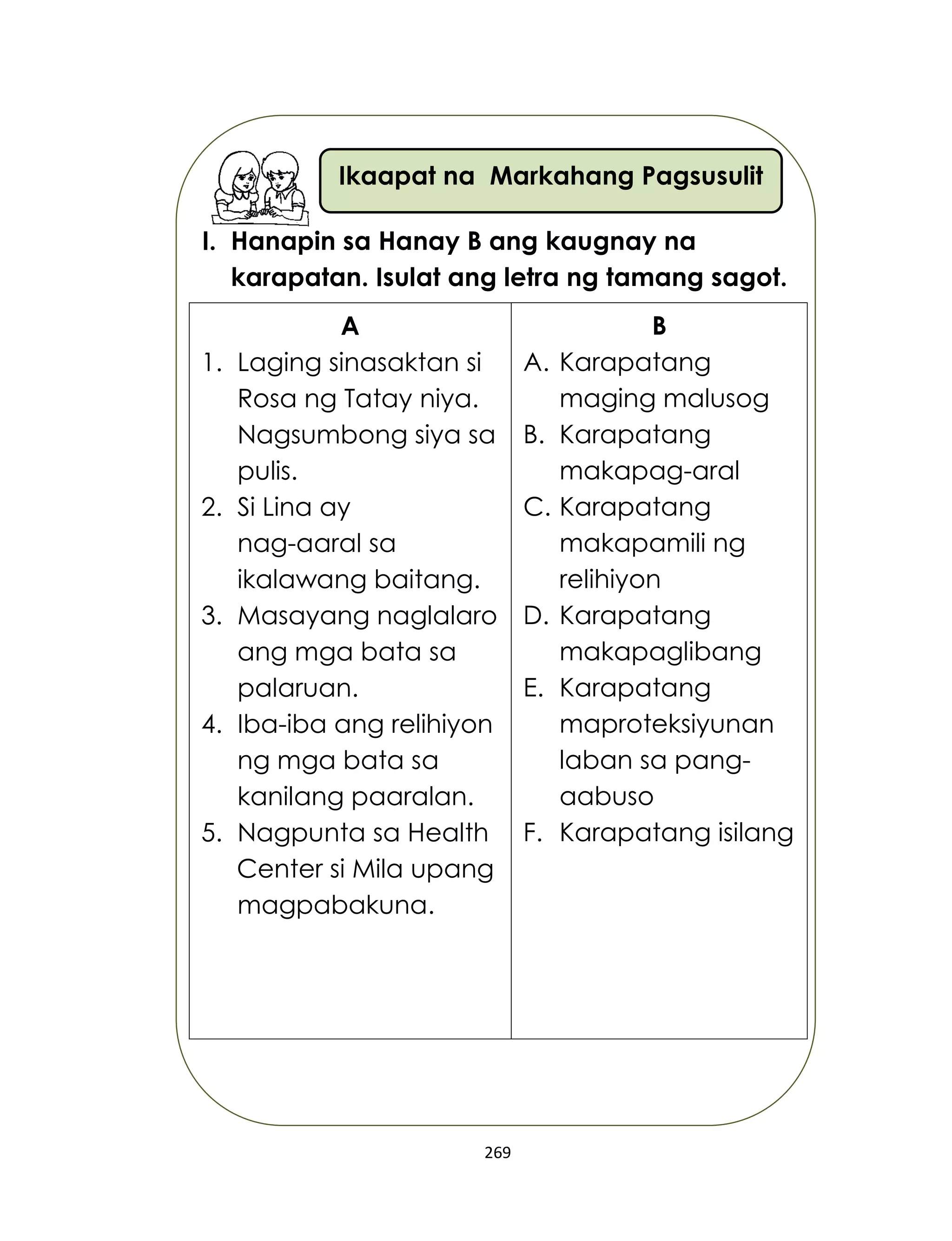 269
Ikaapat na Markahang Pagsusulit
I. Hanapin sa Hanay B ang kaugnay na
karapatan. Isulat ang letra ng tamang sagot.
A
1. Laging sinasaktan si
Rosa ng Tatay niya.
Nagsumbong siya sa
pulis.
2. Si Lina ay
nag-aaral sa
ikalawang baitang.
3. Masayang naglalaro
ang mga bata sa
palaruan.
4. Iba-iba ang relihiyon
ng mga bata sa
kanilang paaralan.
5. Nagpunta sa Health
Center si Mila upang
magpabakuna.
B
A. Karapatang
maging malusog
B. Karapatang
makapag-aral
C. Karapatang
makapamili ng
relihiyon
D. Karapatang
makapaglibang
E. Karapatang
maproteksiyunan
laban sa pang-
aabuso
F. Karapatang isilang
 
