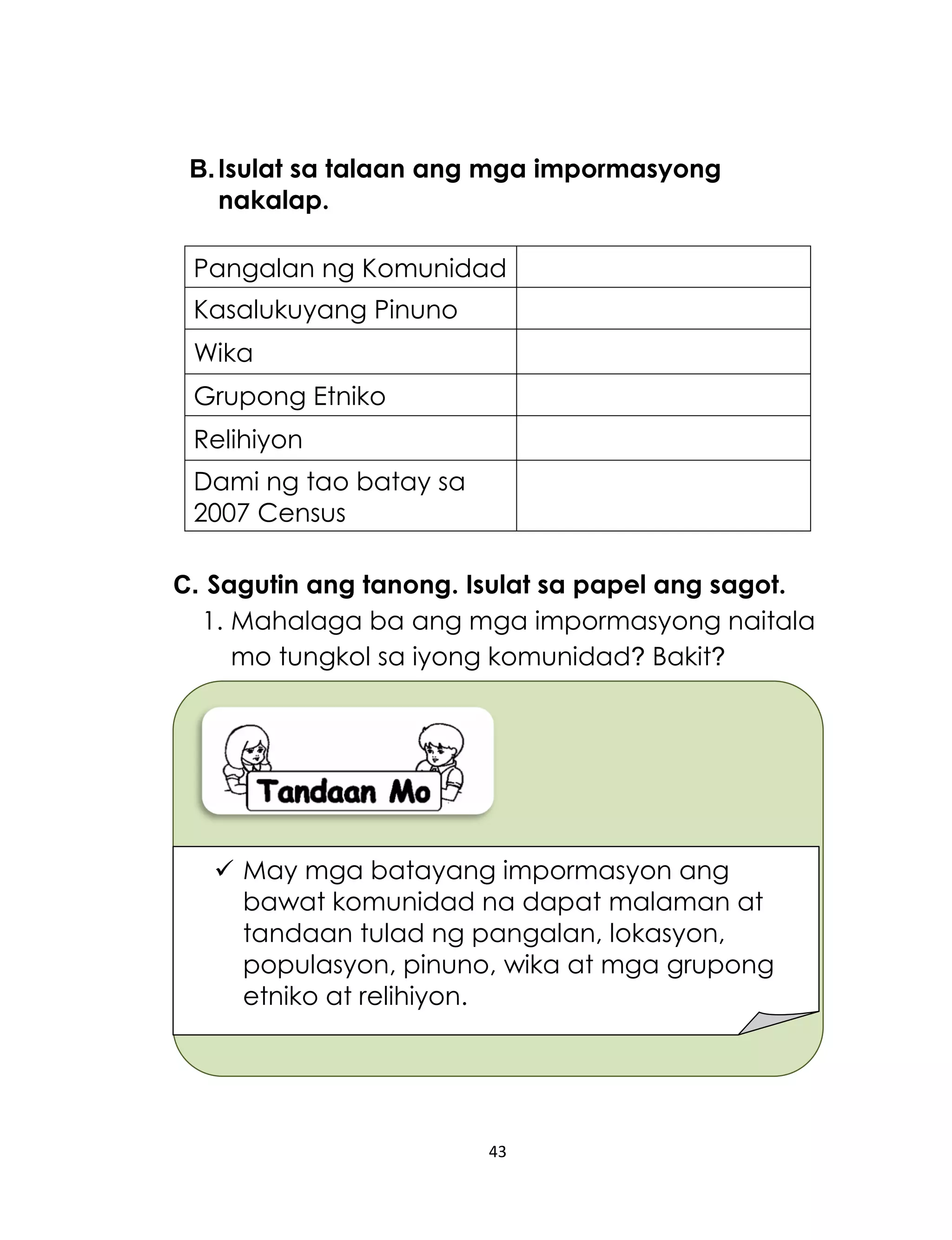 43
B.Isulat sa talaan ang mga impormasyong
nakalap.
Pangalan ng Komunidad
Kasalukuyang Pinuno
Wika
Grupong Etniko
Relihiyon
Dami ng tao batay sa
2007 Census
C. Sagutin ang tanong. Isulat sa papel ang sagot.
1. Mahalaga ba ang mga impormasyong naitala
mo tungkol sa iyong komunidad? Bakit?
 May mga batayang impormasyon ang
bawat komunidad na dapat malaman at
tandaan tulad ng pangalan, lokasyon,
populasyon, pinuno, wika at mga grupong
etniko at relihiyon.
 