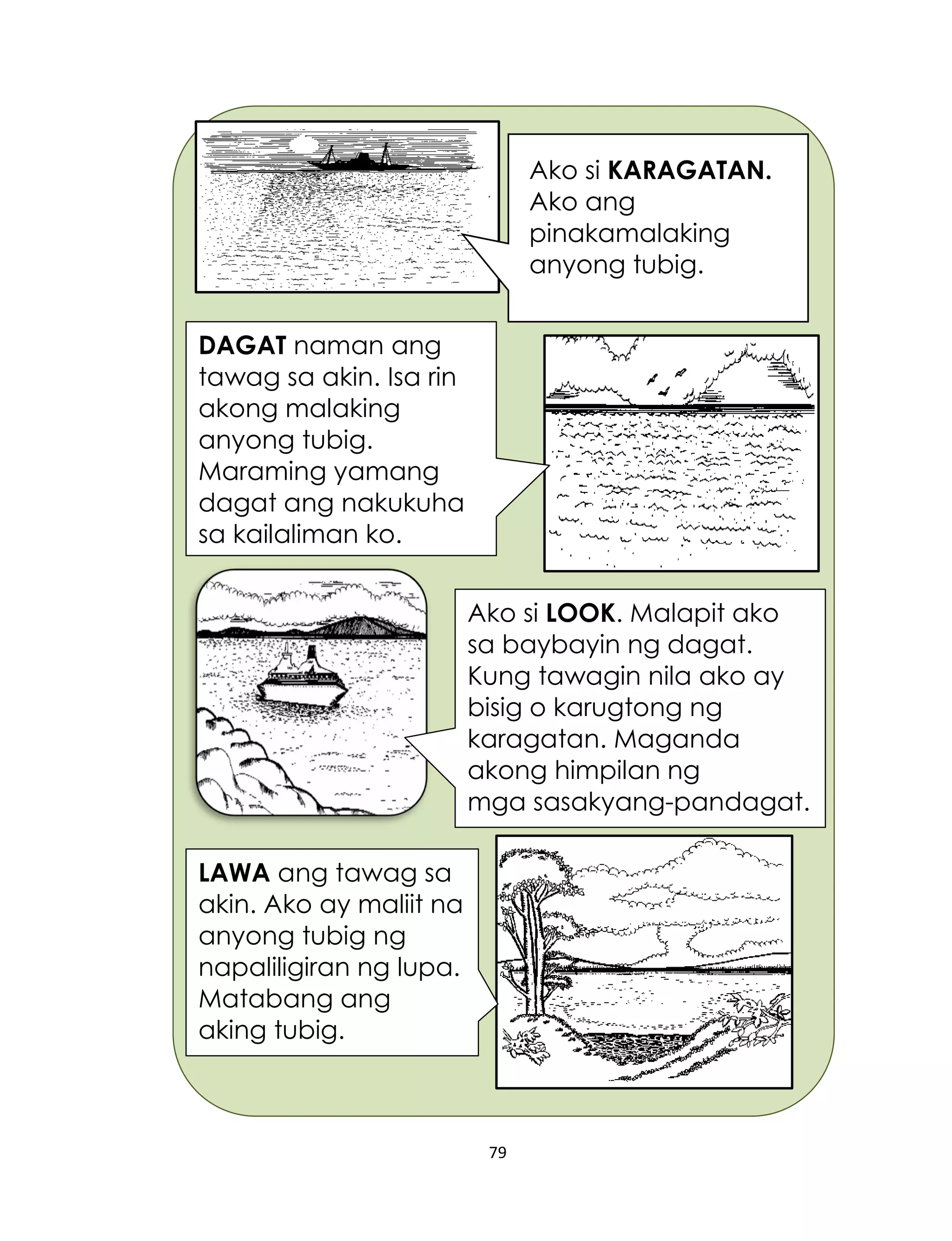 79
Ako si KARAGATAN.
Ako ang
pinakamalaking
anyong tubig.
a
k
i
n
g
l
a
r
a
w
a
n
.
A
k
o
a
n
g
DAGAT naman ang
tawag sa akin. Isa rin
akong malaking
anyong tubig.
Maraming yamang
dagat ang nakukuha
sa kailaliman ko.
Ako si LOOK. Malapit ako
sa baybayin ng dagat.
Kung tawagin nila ako ay
bisig o karugtong ng
karagatan. Maganda
akong himpilan ng
mga sasakyang-pandagat.
LAWA ang tawag sa
akin. Ako ay maliit na
anyong tubig ng
napaliligiran ng lupa.
Matabang ang
aking tubig.
 
