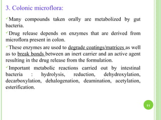 3. Colonic microflora:
Many compounds taken orally are metabolized by gut
bacteria.
Drug release depends on enzymes that are derived from
microflora present in colon.
These enzymes are used to degrade coatings/matrices as well
as to break bonds between an inert carrier and an active agent
resulting in the drug release from the formulation.
Important metabolic reactions carried out by intestinal
bacteria : hydrolysis, reduction, dehydroxylation,
decarboxylation, dehalogenation, deamination, acetylation,
esterification.
11
 