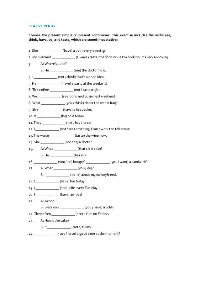 Dynamic And Stative Verbs Worksheets