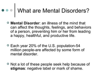What are Mental Disorders?
 Mental Disorder: an illness of the mind that
can affect the thoughts, feelings, and behaviors...