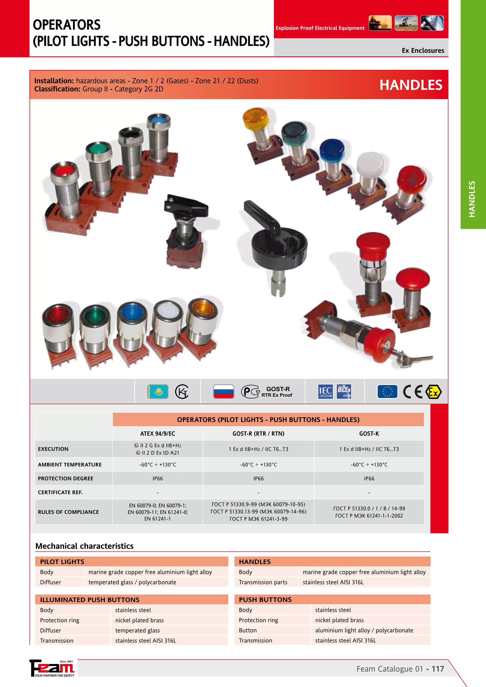 OPERATORS
(PILOT LIGHTS - PUSH BUTTONS - HANDLES)

Explosion Proof Electrical Equipment

Ex Enclosures

HANDLES

HANDLES

Installation: hazardous areas - Zone 1 / 2 (Gases) - Zone 21 / 22 (Dusts)
Classification: Group II - Category 2G 2D

OPERATORS (PILOT LIGHTS - PUSH BUTTONS - HANDLES)
ATEX 94/9/EC

GOST-R (RTR / RTN)

GOST-K

1 Ex d IIB+H2 / IIC T6…T3

1 Ex d IIB+H2 / IIC T6…T3

EXECUTION

II 2 G Ex d IIB+H2
II 2 D Ex tD A21

AMBIENT TEMPERATURE

-60°C ÷ +130°C

-60°C ÷ +130°C

-60°C ÷ +130°C

IP66

IP66

IP66

-

-

-

EN 60079-0; EN 60079-1;
EN 60079-11; EN 61241-0;
EN 61241-1

ГОСТ Р 51330.9-99 (МЭК 60079-10-95)
ГОСТ Р 51330.13-99 (МЭК 60079-14-96)
ГОСТ Р МЭК 61241-3-99

ГОСТ Р 51330.0 / 1 / 8 / 14-99
ГОСТ Р МЭК 61241-1-1-2002

PROTECTION DEGREE
CERTIFICATE REF.
RULES OF COMPLIANCE

Mechanical characteristics
PILOT LIGHTS

HANDLES

Body

marine grade copper free aluminium light alloy

Body

marine grade copper free aluminium light alloy

Diffuser

temperated glass / polycarbonate

Transmission parts

stainless steel AISI 316L

ILLUMINATED PUSH BUTTONS

PUSH BUTTONS

Body

stainless steel

Body

stainless steel

Protection ring

nickel plated brass

Protection ring

nickel plated brass

Diffuser

temperated glass

Button

aluminium light alloy / polycarbonate

Transmission

stainless steel AISI 316L

Transmission

stainless steel AISI 316L

Since 1961

YOUR PARTNER FOR SAFETY

Feam Catalogue 01 - 117

 