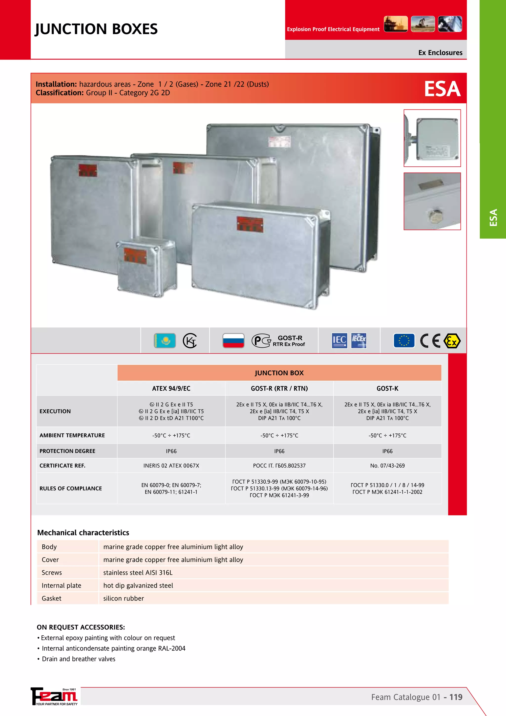 JUNCTION BOXES

Explosion Proof Electrical Equipment

Ex Enclosures

ESA

ESA

Installation: hazardous areas - Zone 1 / 2 (Gases) - Zone 21 /22 (Dusts)
Classification: Group II - Category 2G 2D

JUNCTION BOX
ATEX 94/9/EC

GOST-R (RTR / RTN)

GOST-K

2Ex e II T5 X, 0Ex ia IIB/IIC T4…T6 X,
2Ex e [ia] IIB/IIC T4, T5 X
DIP A21 TA 100°C

2Ex e II T5 X, 0Ex ia IIB/IIC T4…T6 X,
2Ex e [ia] IIB/IIC T4, T5 X
DIP A21 TA 100°C

-50°C ÷ +175°C

-50°C ÷ +175°C

-50°C ÷ +175°C

IP66

IP66

IP66

INERIS 02 ATEX 0067X

POCC IT. ГБ05.B02537

No. 07/43-269

EN 60079-0; EN 60079-7;
EN 60079-11; 61241-1

ГОСТ Р 51330.9-99 (МЭК 60079-10-95)
ГОСТ Р 51330.13-99 (МЭК 60079-14-96)
ГОСТ Р МЭК 61241-3-99

ГОСТ Р 51330.0 / 1 / 8 / 14-99
ГОСТ Р МЭК 61241-1-1-2002

II 2 G Ex e II T5
II 2 G Ex e [ia] IIB/IIC T5
II 2 D Ex tD A21 T100°C

EXECUTION

AMBIENT TEMPERATURE
PROTECTION DEGREE
CERTIFICATE REF.

RULES OF COMPLIANCE

Mechanical characteristics
Body

marine grade copper free aluminium light alloy

Cover

marine grade copper free aluminium light alloy

Screws

stainless steel AISI 316L

Internal plate

hot dip galvanized steel

Gasket

silicon rubber

On Request Accessories:
•	External epoxy painting with colour on request
• Internal anticondensate painting orange RAL-2004
• Drain and breather valves

Since 1961

YOUR PARTNER FOR SAFETY

Feam Catalogue 01 - 119

 