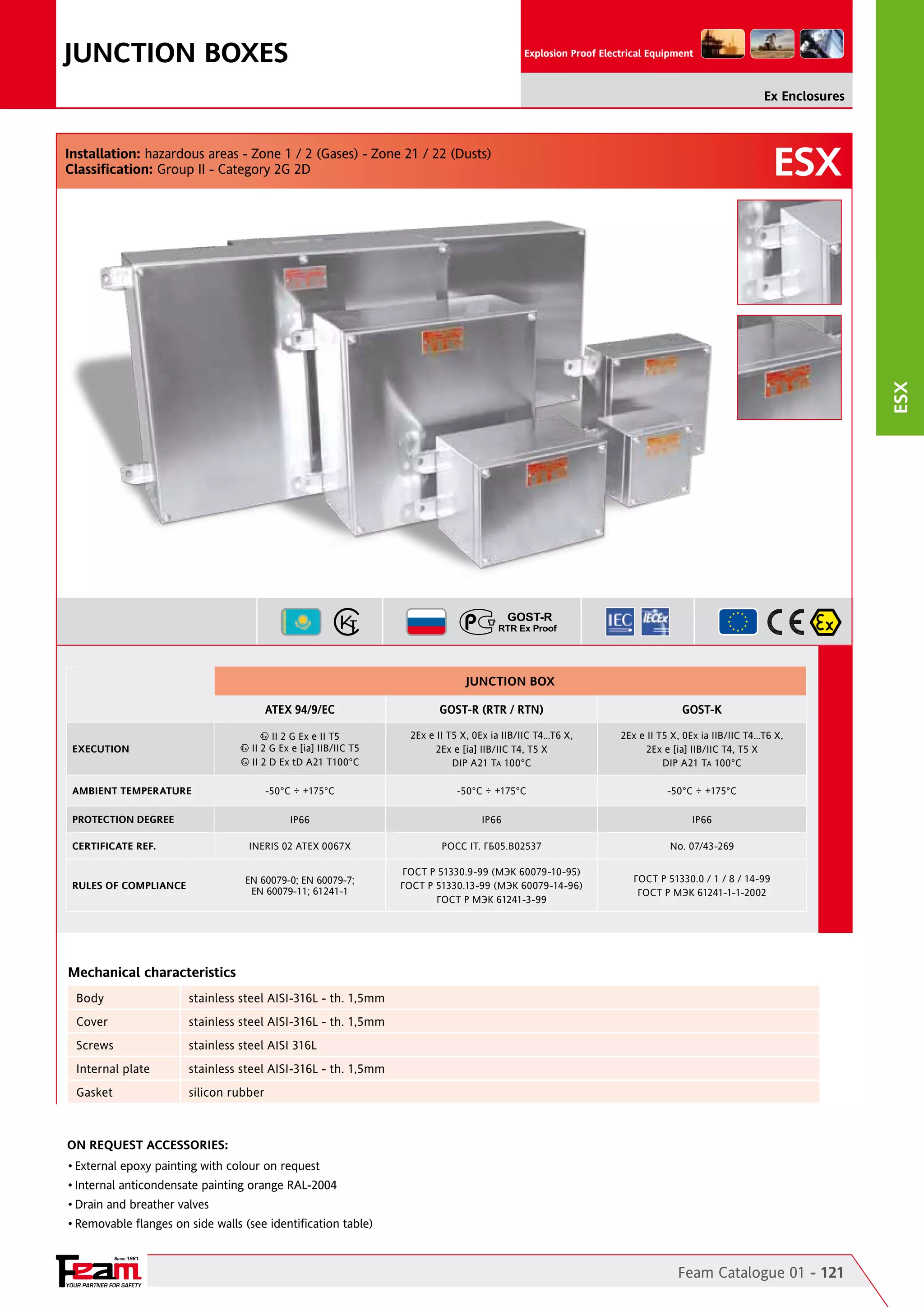 JUNCTION BOXES

Explosion Proof Electrical Equipment

Ex Enclosures

ESX

ESX

Installation: hazardous areas - Zone 1 / 2 (Gases) - Zone 21 / 22 (Dusts)
Classification: Group II - Category 2G 2D

JUNCTION BOX
ATEX 94/9/EC

GOST-R (RTR / RTN)

GOST-K

2Ex e II T5 X, 0Ex ia IIB/IIC T4…T6 X,
2Ex e [ia] IIB/IIC T4, T5 X
DIP A21 TA 100°C

2Ex e II T5 X, 0Ex ia IIB/IIC T4…T6 X,
2Ex e [ia] IIB/IIC T4, T5 X
DIP A21 TA 100°C

-50°C ÷ +175°C

-50°C ÷ +175°C

-50°C ÷ +175°C

IP66

IP66

IP66

INERIS 02 ATEX 0067X

POCC IT. ГБ05.B02537

No. 07/43-269

EN 60079-0; EN 60079-7;
EN 60079-11; 61241-1

ГОСТ Р 51330.9-99 (МЭК 60079-10-95)
ГОСТ Р 51330.13-99 (МЭК 60079-14-96)
ГОСТ Р МЭК 61241-3-99

ГОСТ Р 51330.0 / 1 / 8 / 14-99
ГОСТ Р МЭК 61241-1-1-2002

II 2 G Ex e II T5
II 2 G Ex e [ia] IIB/IIC T5
II 2 D Ex tD A21 T100°C

EXECUTION

AMBIENT TEMPERATURE
PROTECTION DEGREE
CERTIFICATE REF.
RULES OF COMPLIANCE

Mechanical characteristics
Body

stainless steel AISI-316L - th. 1,5mm

Cover

stainless steel AISI-316L - th. 1,5mm

Screws

stainless steel AISI 316L

Internal plate

stainless steel AISI-316L - th. 1,5mm

Gasket

silicon rubber

On Request Accessories:
•	External epoxy painting with colour on request
•	Internal anticondensate painting orange RAL-2004
•	Drain and breather valves
•	Removable flanges on side walls (see identification table)
Since 1961

YOUR PARTNER FOR SAFETY

Feam Catalogue 01 - 121

 