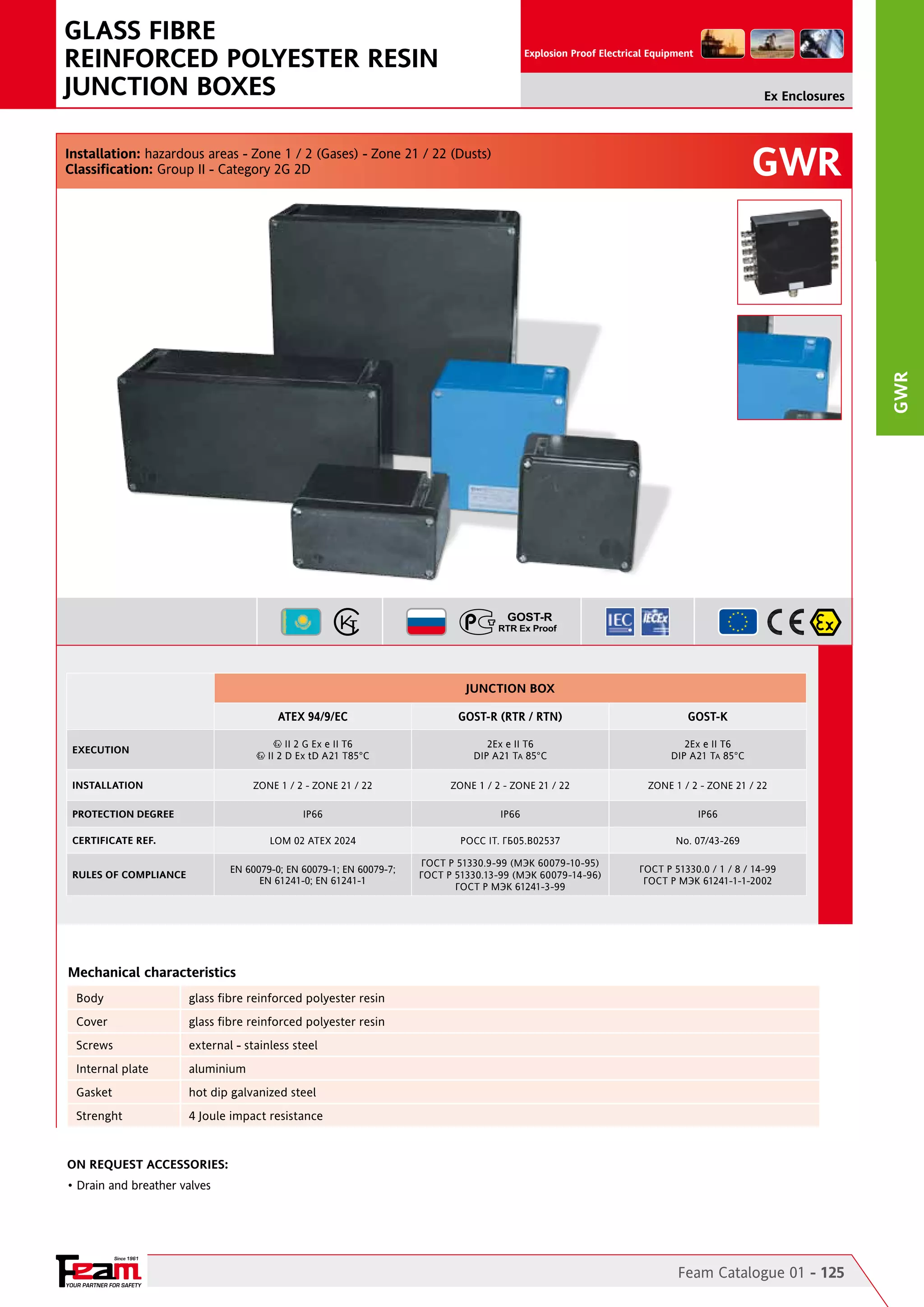GLASS FIBRE
REINFORCED POLYESTER RESIN
JUNCTION BOXES

Explosion Proof Electrical Equipment

Ex Enclosures

GWR

GWR

Installation: hazardous areas - Zone 1 / 2 (Gases) - Zone 21 / 22 (Dusts)
Classification: Group II - Category 2G 2D

JUNCTION BOX
ATEX 94/9/EC

GOST-R (RTR / RTN)

GOST-K

2Ex e II T6
DIP A21 TA 85°C

2Ex e II T6
DIP A21 TA 85°C

ZONE 1 / 2 - ZONE 21 / 22

ZONE 1 / 2 - ZONE 21 / 22

ZONE 1 / 2 - ZONE 21 / 22

IP66

IP66

IP66

LOM 02 ATEX 2024

POCC IT. ГБ05.B02537

No. 07/43-269

EN 60079-0; EN 60079-1; EN 60079-7;
EN 61241-0; EN 61241-1

ГОСТ Р 51330.9-99 (МЭК 60079-10-95)
ГОСТ Р 51330.13-99 (МЭК 60079-14-96)
ГОСТ Р МЭК 61241-3-99

ГОСТ Р 51330.0 / 1 / 8 / 14-99
ГОСТ Р МЭК 61241-1-1-2002

II 2 G Ex e II T6
II 2 D Ex tD A21 T85°C

EXECUTION
INSTALLATION
PROTECTION DEGREE
CERTIFICATE REF.
RULES OF COMPLIANCE

Mechanical characteristics	
Body

glass fibre reinforced polyester resin

Cover

glass fibre reinforced polyester resin

Screws

external - stainless steel

Internal plate

aluminium

Gasket

hot dip galvanized steel

Strenght

4 Joule impact resistance

On Request Accessories:
• Drain and breather valves

Since 1961

YOUR PARTNER FOR SAFETY

Feam Catalogue 01 - 125

 