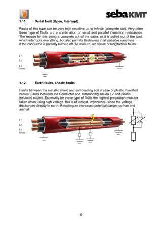 1.11.

Serial fault (Open, Interrupt)

Faults of this type can be very high resistive up to infinite (complete cut). Very often
these type of faults are a combination of serial and parallel insulation resistances.
The reason for this being a complete cut of the cable, or it is pulled out of the joint,
which interrupts everything, but also permits flashovers in all possible variations.
If the conductor is partially burned off (Aluminium) we speak of longitudinal faults.

L1
L2
L3
Shield

1.12.

Earth faults, sheath faults

Faults between the metallic shield and surrounding soil in case of plastic insulated
cables. Faults between the Conductor and surrounding soil on LV and plastic
insulated cables. Especially for these type of faults the highest precaution must be
taken when using high voltage, this is of utmost importance, since the voltage
discharges directly to earth. Resulting an increased potential danger to man and
animal.
L1
L2
L3
Shield

6

 