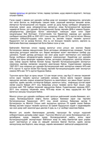 гадаад валютын их урсгалыг татаж, гадаад тусламж, шууд хөрөнгө оруулалт, төслүүд
олширч байна.
Гэсэн хэдий ч зөвхөн уул уурхайн салбар дээр хэт анхаарал төвлөрүүлэн, хөгжлийн
гол чигээ болгох нь инфляцийн түвшин өсөх, үндэсний валютын ханшийг өсгөх,
импортын бүтээгдэхүүний үнэ буурах, үүний үр дүнд бусад салбарын үйлдвэрлэл,
ялангуяа жижиг дунд үйлдвэрлэгчид импортын хямд бүтээгдэхүүнтэй өрсөлдөх
чадваргvй болох, уул уурхайн бүтээгдэхүүнээс бусад төрлийн ДНБ-н хэмжээ буурах,
үйлдвэрлэгчид дампуурах болон ажилгүйдэл нэмэгдэх зэрэг олон сөрөг
хандлагуудыг бий болгодог. Статистикийн тоо баримтаас харахад уул уурхайн
салбарын хүрээнд ДНБ нь 2001-2011 оны хооронд 8%-аас 29 % хүртэл өсчээ. Ийнхүү
томоохон олборлолтуудаас олох орлого нь засгийн газрын төсвийн орлогыг
бүрдүүлэгч гол эх үүсвэр болсон. Энэ нь нэг ёсондоо төсвийн орлого, зарлага нь
байгалийн баялгаас хамааралтай болж байна гэсэн үг юм.
Байгалийн баялгаас олсон гадаад валютыг олон улсын зах зээлээс бараа
бүтээгдэхүүн авахад зарцуулснаас болж дотоодын үйлдвэрлэгчид хохирдог. Үүнтэй
зэрэгцээд дотоодын ажиллах хүч, бараа материал ашигт малтмалын салбар руу
шилжинэ. Үүнийг дагаад дотоодын зах зээл дээр ашигт малтмалын үнэ нэмэгдэж
бусад салбарын үйлдвэрлэгчдийн зардлыг нэмэгдүүлдэг. Хэдийгээр уул уурхайн
салбар улс орны өрсөлдөх чадварыг өсгөж, дотоодын үйлдвэрлэл, орлогод ихээхэн
хувь нэмэр оруулж байгаа боловч бусад төрлийн бүтээгдэхүүнүүдийн экспортын
хэмжээнд сөргөөр нөлөөлөх хандлага ажиглагдаж байна. Судалгаанаас харахад
1997-2011 оны хооронд уул уурхайн бүтээгдэхүүний нийт экспортын хэмжээ 44%-аас
81% хүртэл % хүртэл өссөн бол бусад төрлийн бүтээгдэхүүнүүдийн нийт экспортын
хэмжээ 56%-аас 19 % хүртэл буурсан байна.
Түүнчлэн иргэн бүрт эх орны хишиг 1,5 сая төгрөг олгох, сар бүр 21 мянган төгрөгийг
олгох зэрэг төсвийн орлогыг нийгмийн халамж, бэлэн мөнгө тараалт замаар
зарцуулах засгийн газрын алдаатай бодлого нь ажилгүйдэл, хүн амын бодит орлого,
хэрэглээ, эдийн засгийн тогтвортой байдал, валютын ханш, инфляцид хүчтэй сөрөг
нөлөө үзүүлж байдаг. 2011 оны байдлаар улсын төсвөөс иргэн бүрт хишиг, хувь
олгоход нийт 705 тэрбум төгрөгийг зарцуулсан байна. Судалгаанаас харахад 20072011 оны хооронд төгрөгийн ханш 45%-аар өссөн нь маш хурдацтай өсч буй
валютын ханшид тооцогдож байна.
Монгол улсын уул уурхайн салбарын нийт орлогын дийлэнхийг зэсийн баяжмал, алт,
нүүрс, боловсруулаагүй нефть болон цайрын баяжмал зэрэг нэр төрлийн
бүтээгдэхүүнүүд бүрдүүлдэг. 2011 оны эхний хагасын байдлаар эдгээр 5
бүтээгдэхүүн нь Монгол Улсын нийт экспортын орлогын 70 хувийг эзэлж байсан
бөгөөд засгийн газрын төсвийн орлогын 32 хувийг бүрдүүлсэн хэдий ч хөдөлмөрийн
зах зээл дээр нийт ажиллагчдын дөнгөж 4 хувь нь л уг салбарт ажиллаж байна.
Монгол улс зэсийн баялагаараа дэлхийд тэргүүлдэг ба чулуун нүүрсний
олборолтоороо дэлхийд хоёрт ордог. Түүнчлэн Монгол улс хагас боловсруулсан алт,
молибдени, хүдэр, төмрийн хүдэр, боловсруулаагүй нефть, жонш зэрэг
бүтээгдэхүүнүүдийг экспортлодог байгалын асар их нөөц баялагтай орон учраас
ашигт малтмалын уг асар их нөөцийг жинхэнэ баялаг болгож, эдийн засгаа
хөгжүүлэхэд зов бодлого, маш хянуур, нарийн менежмент зайлшгүй шаардлагатай.

 
