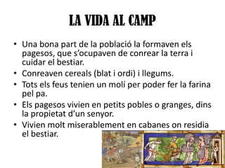LA VIDA AL CAMP
• Una bona part de la població la formaven els
pagesos, que s’ocupaven de conrear la terra i
cuidar el bestiar.
• Conreaven cereals (blat i ordi) i llegums.
• Tots els feus tenien un molí per poder fer la farina
pel pa.
• Els pagesos vivien en petits pobles o granges, dins
la propietat d’un senyor.
• Vivien molt miserablement en cabanes on residia
el bestiar.

 