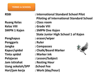 TERMS in SCHOOL

RSBI
Ruang Kelas
Kelas VIII
SMPN 1 Kajen
Penghapus
Penggaris
Jangka
Kapur/spidol
Tinta spidol
Pelajaran
Jam istirahat
Uang sekolah/SPP
Hari/jam kerja

: International Standard School Pilot
Piloting of International Standard School
: Class room
: Grade VIII
: SMPN One Kajen
State Junior High School 1 of Kajen
: eraser/wiper
: Ruler
: Compasses
: Chalk/Board Marker
: Marker ink
: Lesson/Subject
: Resting Hour
:School Fee
: Work (day/hour)

 