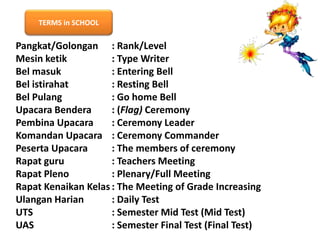 TERMS in SCHOOL

Pangkat/Golongan : Rank/Level
Mesin ketik
: Type Writer
Bel masuk
: Entering Bell
Bel istirahat
: Resting Bell
Bel Pulang
: Go home Bell
Upacara Bendera
: (Flag) Ceremony
Pembina Upacara
: Ceremony Leader
Komandan Upacara : Ceremony Commander
Peserta Upacara
: The members of ceremony
Rapat guru
: Teachers Meeting
Rapat Pleno
: Plenary/Full Meeting
Rapat Kenaikan Kelas : The Meeting of Grade Increasing
Ulangan Harian
: Daily Test
UTS
: Semester Mid Test (Mid Test)
UAS
: Semester Final Test (Final Test)

 