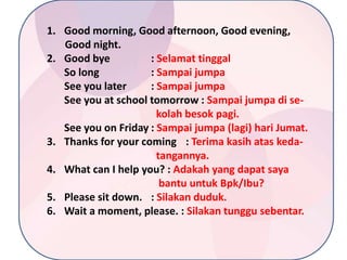 1. Good morning, Good afternoon, Good evening,
Good night.
2. Good bye
: Selamat tinggal
So long
: Sampai jumpa
See you later
: Sampai jumpa
See you at school tomorrow : Sampai jumpa di sekolah besok pagi.
See you on Friday : Sampai jumpa (lagi) hari Jumat.
3. Thanks for your coming : Terima kasih atas kedatangannya.
4. What can I help you? : Adakah yang dapat saya
bantu untuk Bpk/Ibu?
5. Please sit down. : Silakan duduk.
6. Wait a moment, please. : Silakan tunggu sebentar.

 