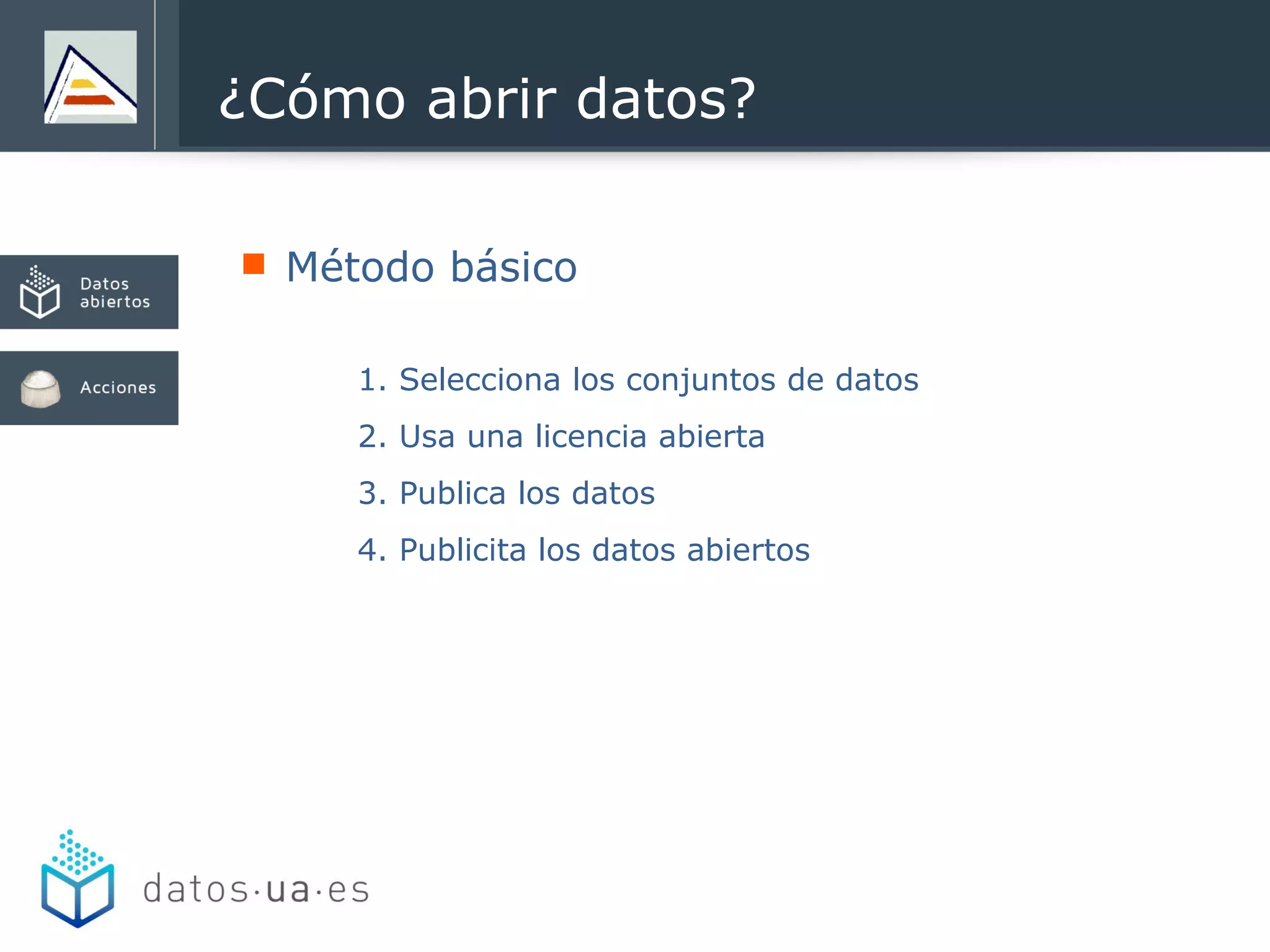  Método básico
1. Selecciona los conjuntos de datos
2. Usa una licencia abierta
3. Publica los datos
4. Publicita los datos abiertos
¿Cómo abrir datos?
 