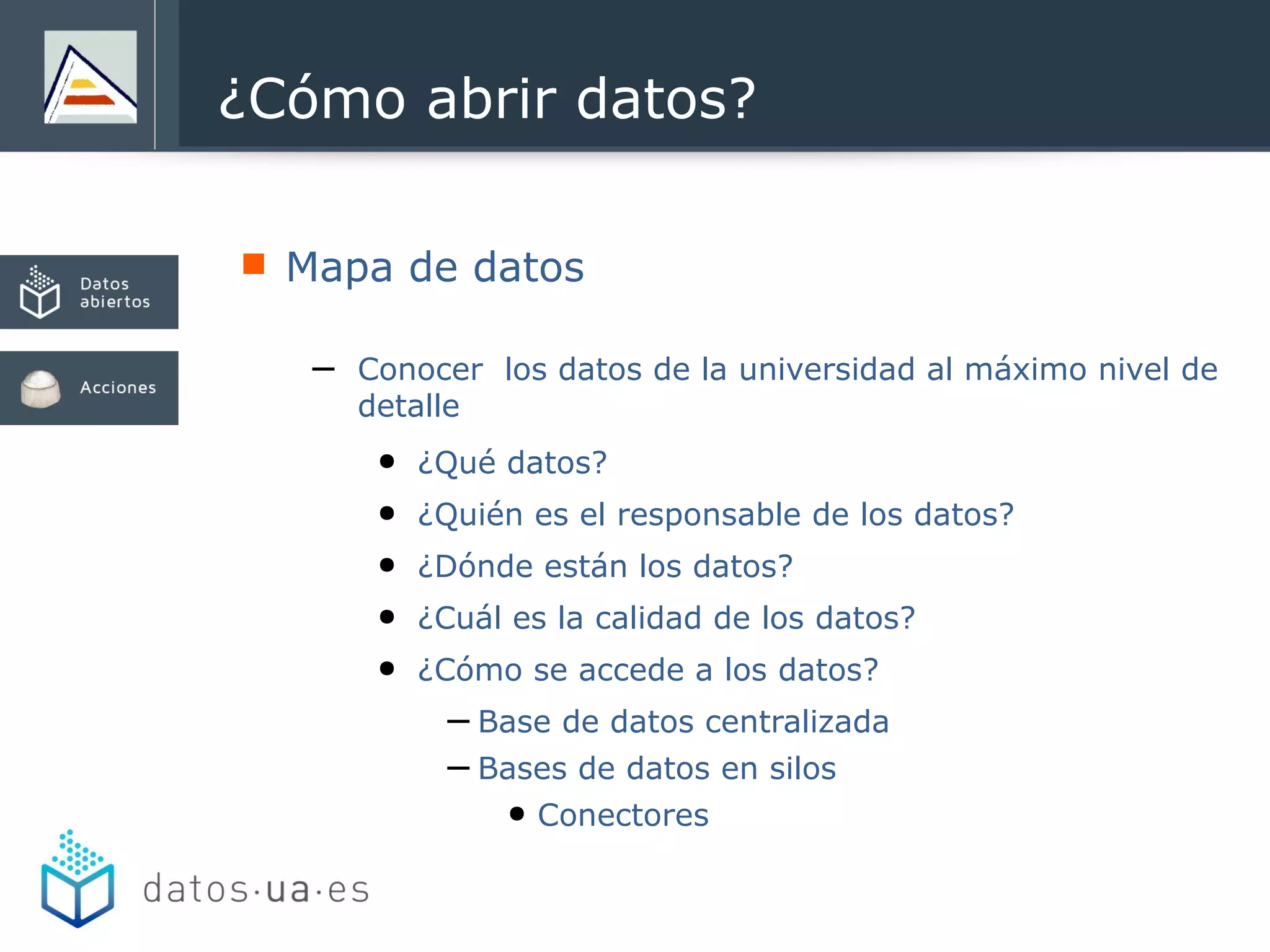  Mapa de datos
– Conocer los datos de la universidad al máximo nivel de
detalle
● ¿Qué datos?
● ¿Quién es el responsable de los datos?
● ¿Dónde están los datos?
● ¿Cuál es la calidad de los datos?
● ¿Cómo se accede a los datos?
– Base de datos centralizada
– Bases de datos en silos
● Conectores
¿Cómo abrir datos?
 
