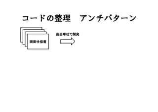 コードの整理 アンチパターン
画面仕様書
画面単位で開発
 