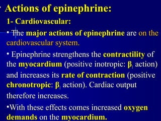 • Actions of epinephrine:Actions of epinephrine:
1- Cardiovascular:1- Cardiovascular:
• TheThe major actions of epinephrinemajor actions of epinephrine areare on theon the
cardiovascular system.cardiovascular system.
• Epinephrine strengthens theEpinephrine strengthens the contractilitycontractility ofof
thethe myocardiummyocardium (positive inotropic:(positive inotropic: ββ11 action)action)
and increases itsand increases its rate of contractionrate of contraction (positive(positive
chronotropicchronotropic:: ββ11 action). Cardiac outputaction). Cardiac output
therefore increases.therefore increases.
•With these effects comes increasedWith these effects comes increased oxygenoxygen
demandsdemands on theon the myocardium.myocardium.
 