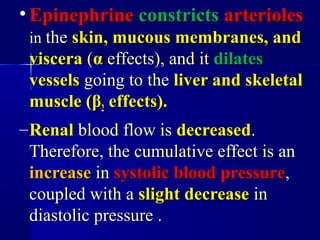• EpinephrineEpinephrine constrictsconstricts arteriolesarterioles
inin thethe skin, mucous membranes, andskin, mucous membranes, and
visceraviscera ((αα effects), and iteffects), and it dilatesdilates
vesselsvessels going to thegoing to the liver and skeletalliver and skeletal
muscle (muscle (ββ22 effects).effects).
–RenalRenal blood flow isblood flow is decreaseddecreased..
Therefore, the cumulative effect is anTherefore, the cumulative effect is an
increaseincrease inin systolic blood pressuresystolic blood pressure,,
coupled with acoupled with a slight decreaseslight decrease inin
diastolic pressure .diastolic pressure .
 