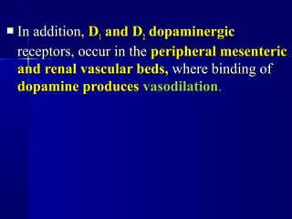  In addition,In addition, DD11 and Dand D22 dopaminergicdopaminergic
receptors, occur in thereceptors, occur in the peripheral mesentericperipheral mesenteric
and renal vascular beds,and renal vascular beds, where binding ofwhere binding of
dopamine producesdopamine produces vasodilationvasodilation..
 