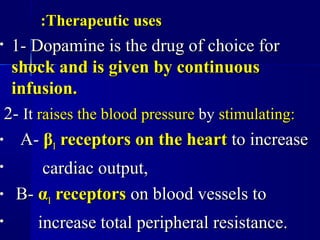 Therapeutic usesTherapeutic uses::
• 1- Dopamine is the drug of choice for1- Dopamine is the drug of choice for
shock and is given by continuousshock and is given by continuous
infusion.infusion.
2-2- ItIt raises the blood pressureraises the blood pressure byby stimulating:stimulating:
• A-A- ββ11 receptors on the heartreceptors on the heart to increaseto increase
• cardiac output,cardiac output,
• B-B- αα11 receptorsreceptors on blood vessels toon blood vessels to
• increase total peripheral resistance.increase total peripheral resistance.
 