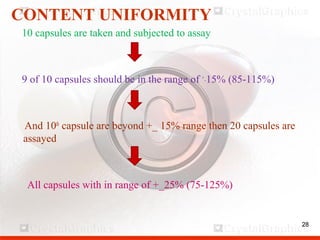28
CONTENT UNIFORMITY
10 capsules are taken and subjected to assay
9 of 10 capsules should be in the range of +_
15% (85-115%)
And 10th
capsule are beyond +_ 15% range then 20 capsules are
assayed
All capsules with in range of +_25% (75-125%)
28
 