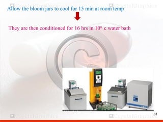 3131
Allow the bloom jars to cool for 15 min at room temp
They are then conditioned for 16 hrs in 100
c water bath
 